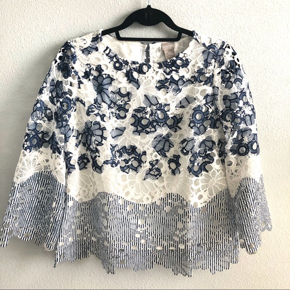 Chico's Tops - Chico’s Blue White Striped Floral Blouse | 4Petite